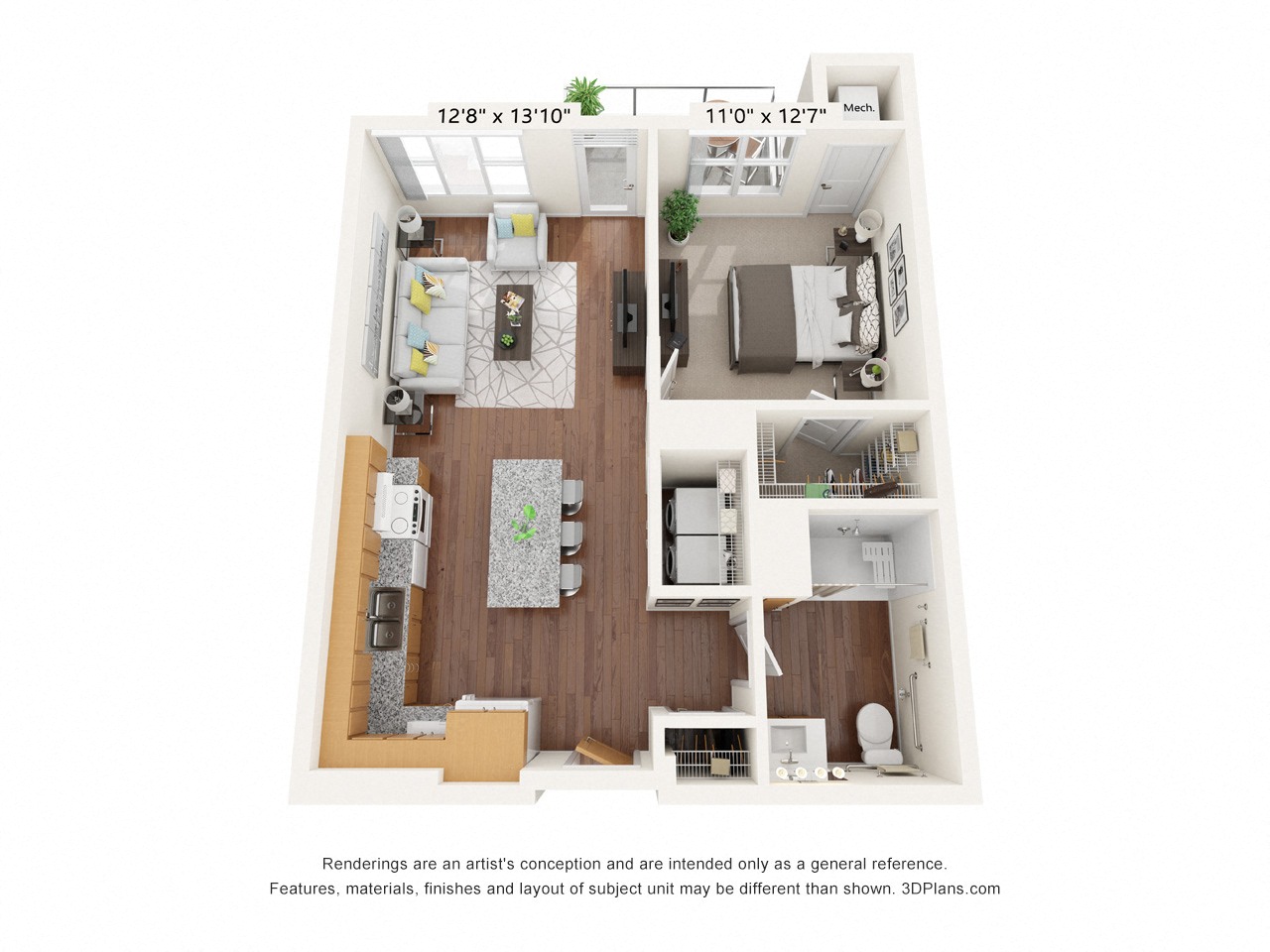 Floor plan for 1 bed, 1 bath, 723 sqft